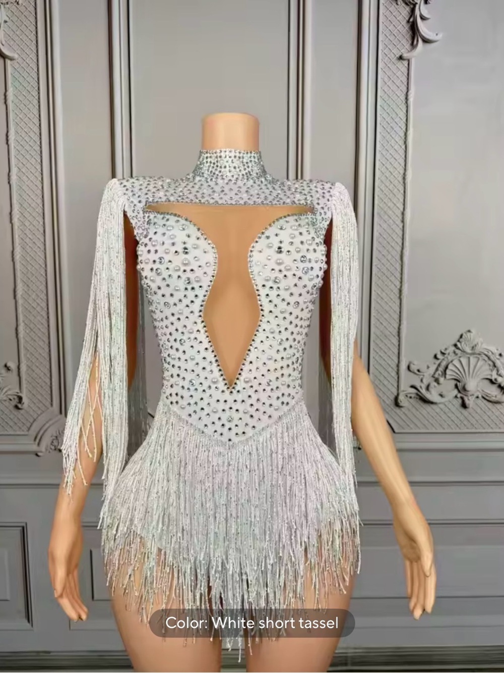 White Tassel Rhinestone Fringe Dance Dress